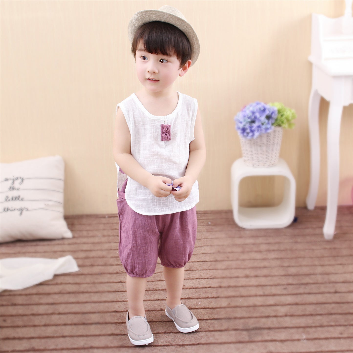 Tang Dynasty Baby Outfit - Organic Cotton Sleeveless Vest & Shorts Set for Newborn Photography, First Birthday Photo Shoot (0-3 Years)