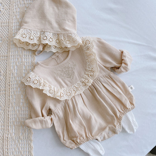 Princess Lace Romper Set for Baby Girl - Long Sleeve Baptism Outfit with Matching Bonnet | First Birthday Christening Dress (Newborn-24M)