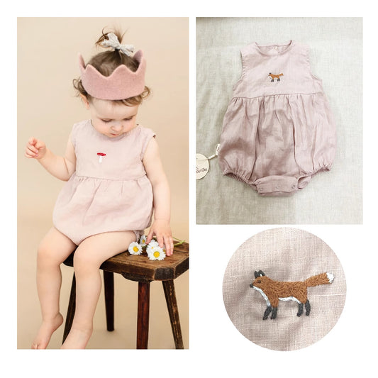 Organic Linen Baby Romper - Hand-Embroidered Sleeveless Onesie for Newborns & Infants | Breathable Summer Outfit (0-2 Years)