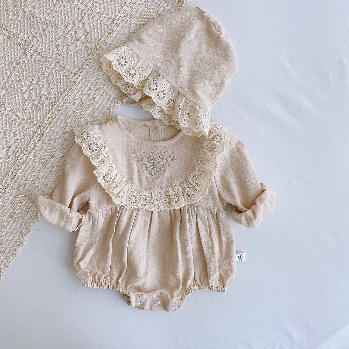 Princess Lace Romper Set for Baby Girl - Long Sleeve Baptism Outfit with Matching Bonnet | First Birthday Christening Dress (Newborn-24M)