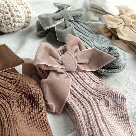 ins Children's Spanish Style Socks Autumn Winter New Large Bow Knitted Baby Socks Pure Color Mid-Calf Socks