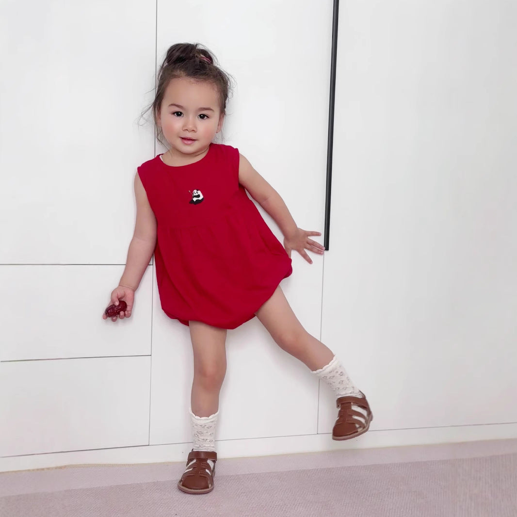 Panda Embroidery Baby Romper - 100% Linen Sleeveless Bodysuit for First Birthday & Photo Shoots (0-2 Years)