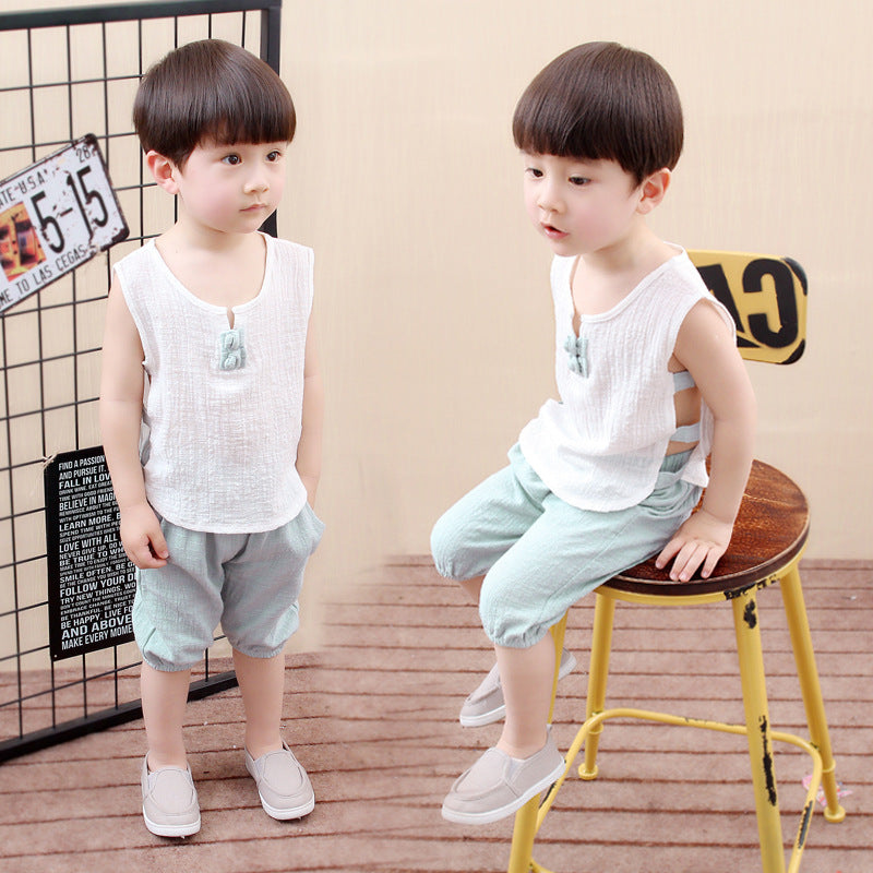 Tang Dynasty Baby Outfit - Organic Cotton Sleeveless Vest & Shorts Set for Newborn Photography, First Birthday Photo Shoot (0-3 Years)