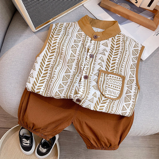 Tang Dynasty Baby Outfit - Organic Cotton Sleeveless Vest & Shorts Set for Newborn Photography, First Birthday Photo Shoot (0-3 Years)