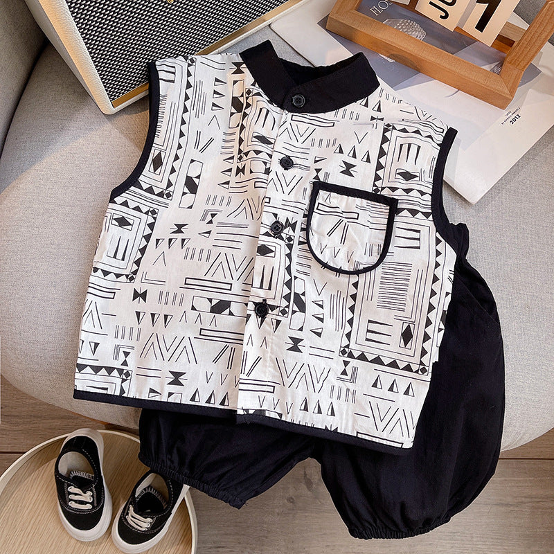 Tang Dynasty Baby Outfit - Organic Cotton Sleeveless Vest & Shorts Set for Newborn Photography, First Birthday Photo Shoot (0-3 Years)