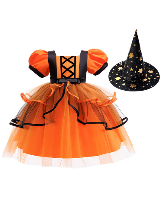 Girls Halloween Christmas Tutu Dress - Princess Party Gown with Hat & Pumpkin Bag Set
