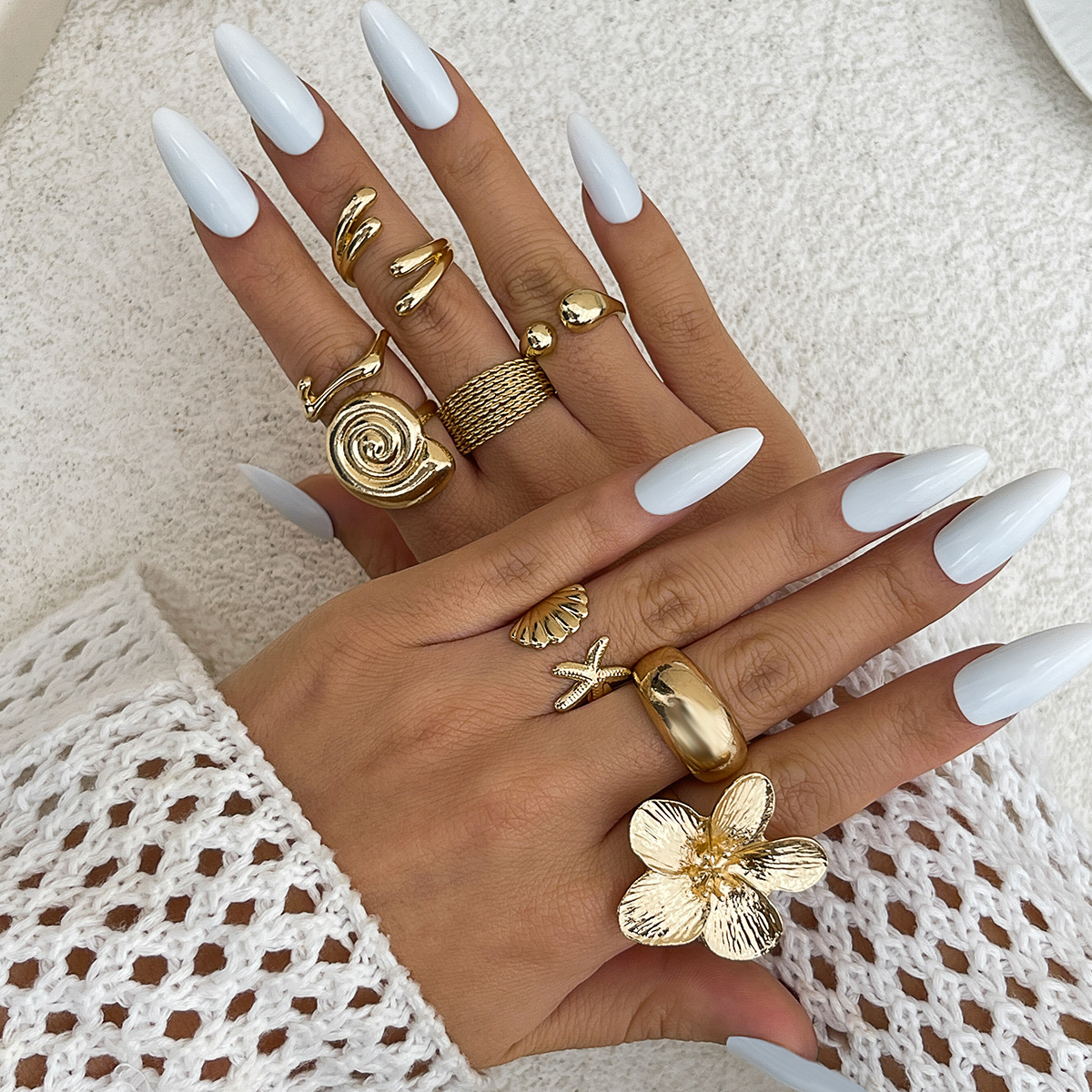 Beach-Inspired Ocean Shell & Flower Adjustable Ring Set for Women