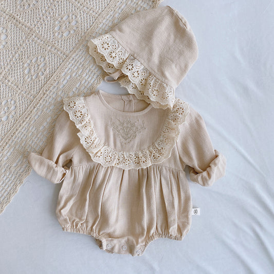 Princess Lace Romper Set for Baby Girl - Long Sleeve Baptism Outfit with Matching Bonnet | First Birthday Christening Dress (Newborn-24M)