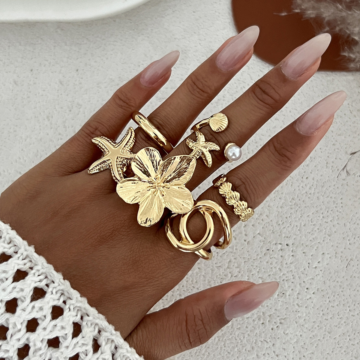 Beach-Inspired Ocean Shell & Flower Adjustable Ring Set for Women