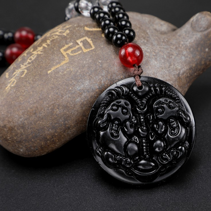 Chinese Dragon Guan Gong Pi Xiu Pendant Necklace - Obsidian Glass Couple Set with Buddha Symbol (Choose Your Design)