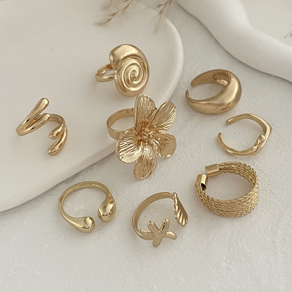 Beach-Inspired Ocean Shell & Flower Adjustable Ring Set for Women