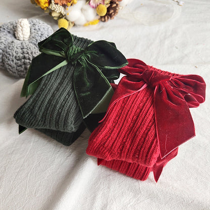 ins Children's Spanish Style Socks Autumn Winter New Large Bow Knitted Baby Socks Pure Color Mid-Calf Socks
