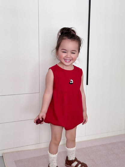 Panda Embroidery Baby Romper - 100% Linen Sleeveless Bodysuit for First Birthday & Photo Shoots (0-2 Years)