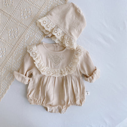 Princess Lace Romper Set for Baby Girl - Long Sleeve Baptism Outfit with Matching Bonnet | First Birthday Christening Dress (Newborn-24M)