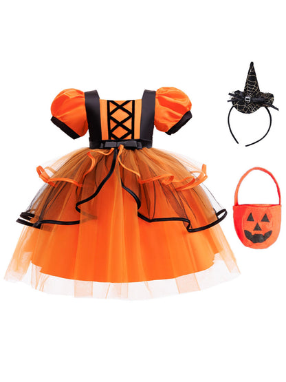 Girls Halloween Christmas Tutu Dress - Princess Party Gown with Hat & Pumpkin Bag Set