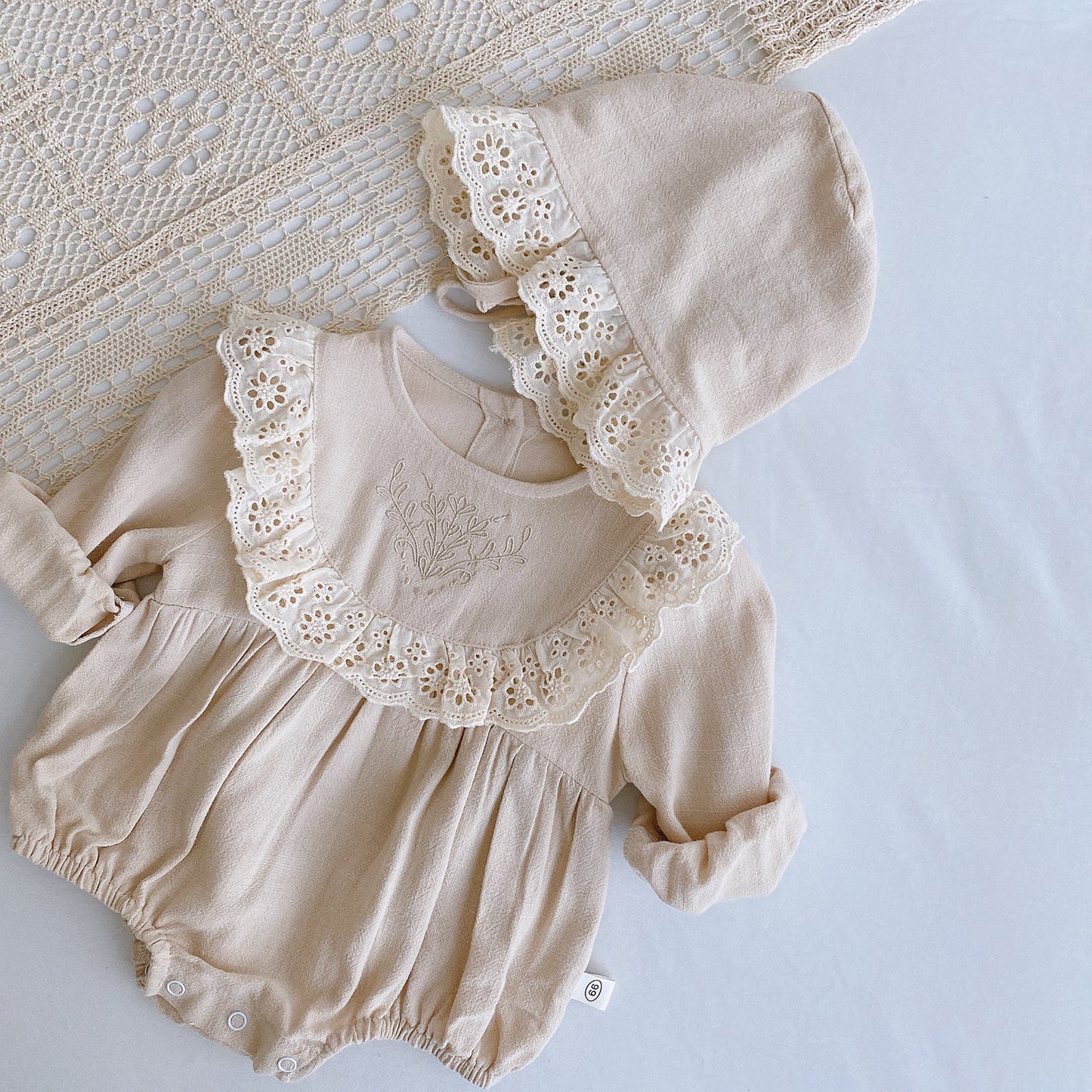 Princess Lace Romper Set for Baby Girl - Long Sleeve Baptism Outfit with Matching Bonnet | First Birthday Christening Dress (Newborn-24M)