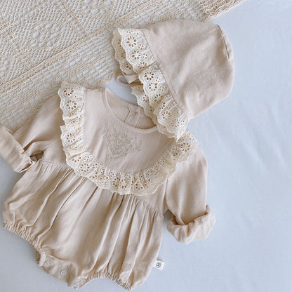 Princess Lace Romper Set for Baby Girl - Long Sleeve Baptism Outfit with Matching Bonnet | First Birthday Christening Dress (Newborn-24M)