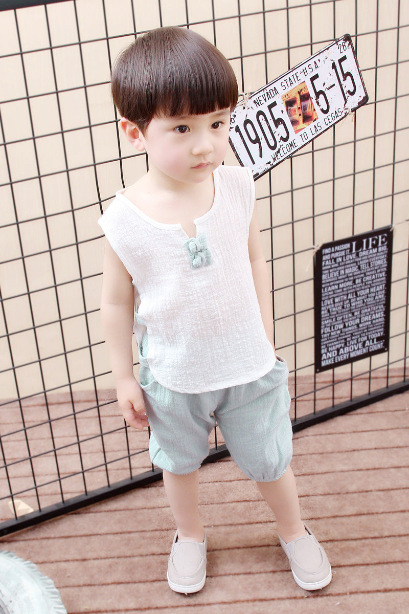 Tang Dynasty Baby Outfit - Organic Cotton Sleeveless Vest & Shorts Set for Newborn Photography, First Birthday Photo Shoot (0-3 Years)