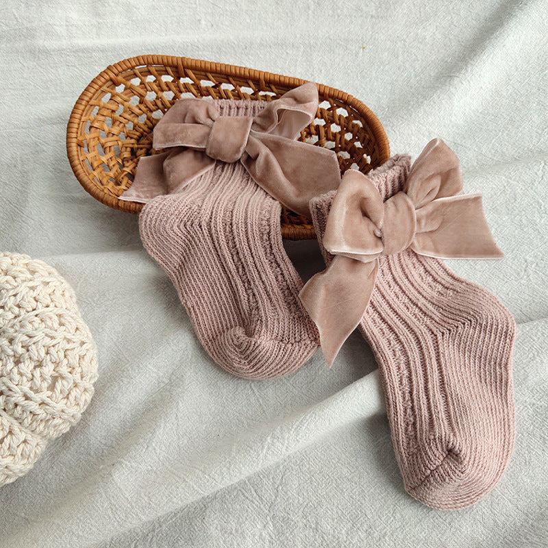 ins Children's Spanish Style Socks Autumn Winter New Large Bow Knitted Baby Socks Pure Color Mid-Calf Socks