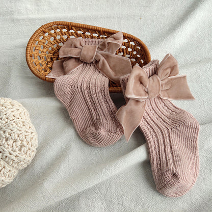 ins Children's Spanish Style Socks Autumn Winter New Large Bow Knitted Baby Socks Pure Color Mid-Calf Socks