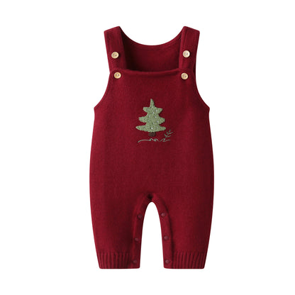 Baby Christmas Tree Overalls - Wine Red Knit Baby Jumpsuit with Double Buckle Warm Romper