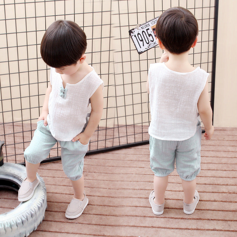 Tang Dynasty Baby Outfit - Organic Cotton Sleeveless Vest & Shorts Set for Newborn Photography, First Birthday Photo Shoot (0-3 Years)