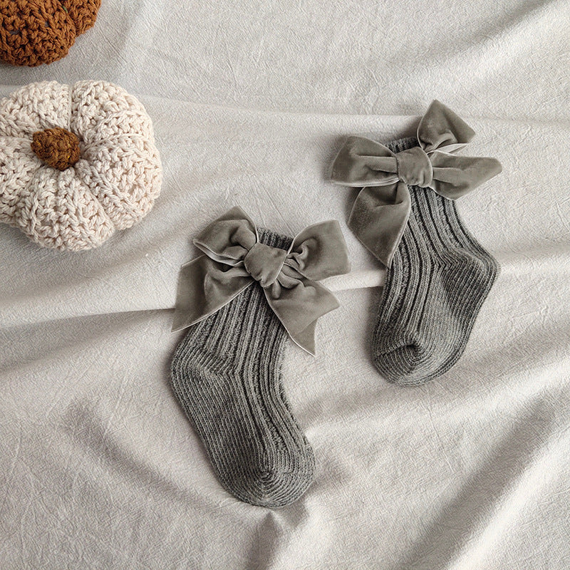 ins Children's Spanish Style Socks Autumn Winter New Large Bow Knitted Baby Socks Pure Color Mid-Calf Socks