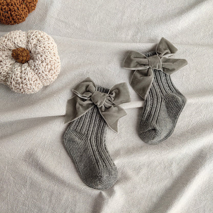ins Children's Spanish Style Socks Autumn Winter New Large Bow Knitted Baby Socks Pure Color Mid-Calf Socks