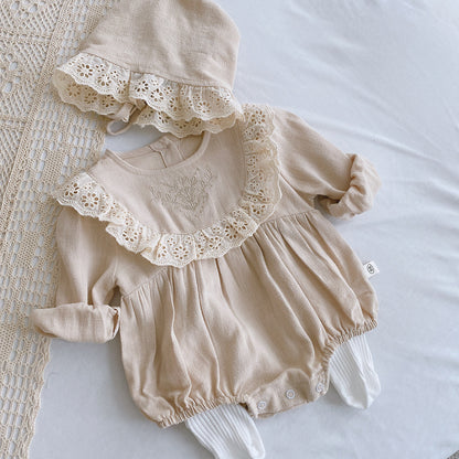 Princess Lace Romper Set for Baby Girl - Long Sleeve Baptism Outfit with Matching Bonnet | First Birthday Christening Dress (Newborn-24M)