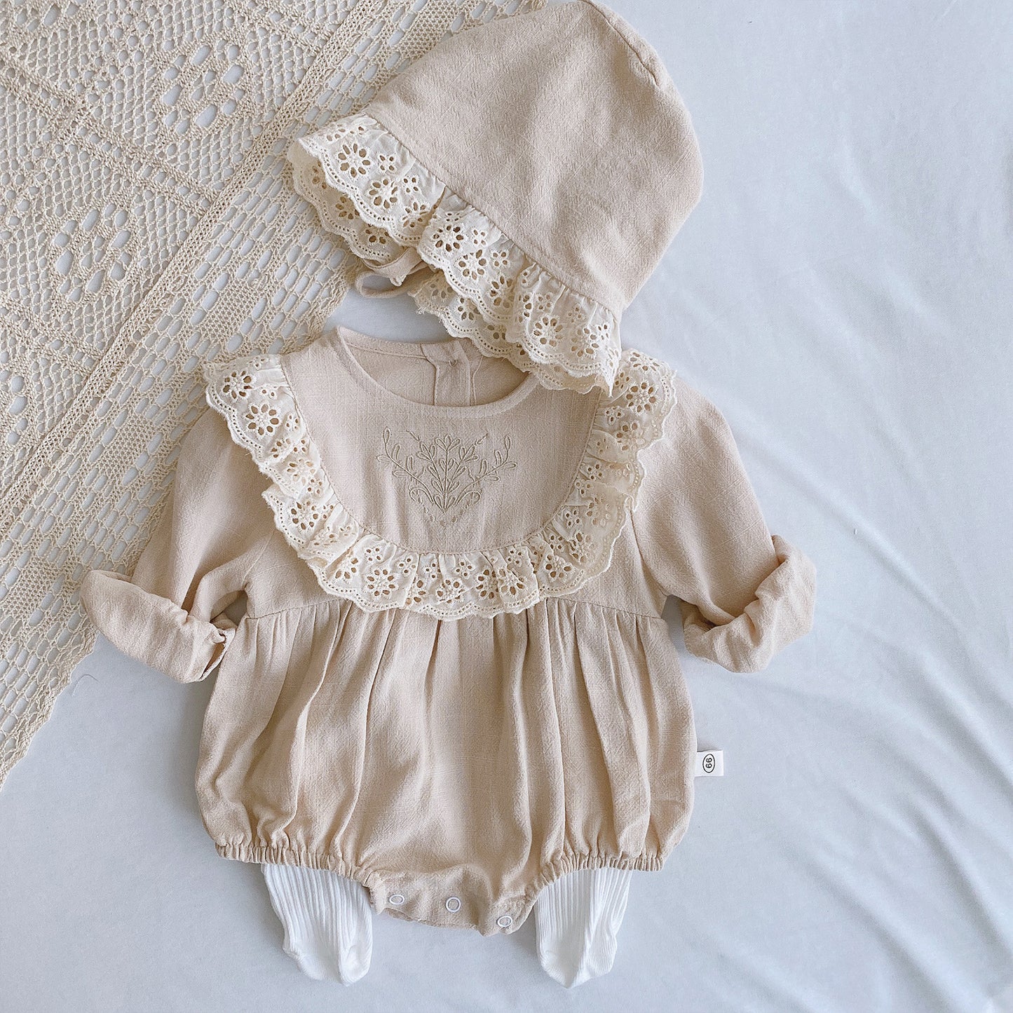 Princess Lace Romper Set for Baby Girl - Long Sleeve Baptism Outfit with Matching Bonnet | First Birthday Christening Dress (Newborn-24M)