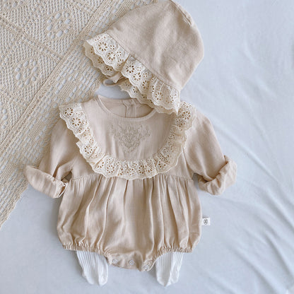 Princess Lace Romper Set for Baby Girl - Long Sleeve Baptism Outfit with Matching Bonnet | First Birthday Christening Dress (Newborn-24M)