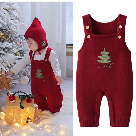 Baby Christmas Tree Overalls - Wine Red Knit Baby Jumpsuit with Double Buckle Warm Romper