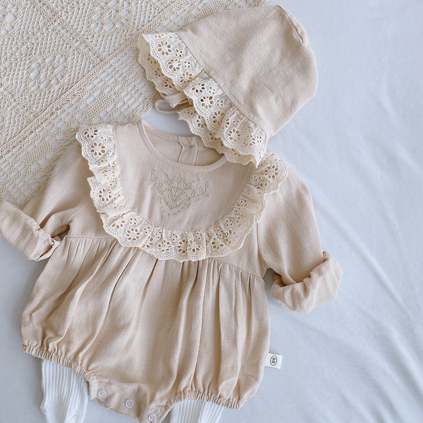 Princess Lace Romper Set for Baby Girl - Long Sleeve Baptism Outfit with Matching Bonnet | First Birthday Christening Dress (Newborn-24M)