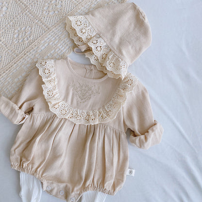 Princess Lace Romper Set for Baby Girl - Long Sleeve Baptism Outfit with Matching Bonnet | First Birthday Christening Dress (Newborn-24M)
