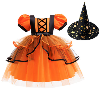 Girls Halloween Christmas Tutu Dress - Princess Party Gown with Hat & Pumpkin Bag Set