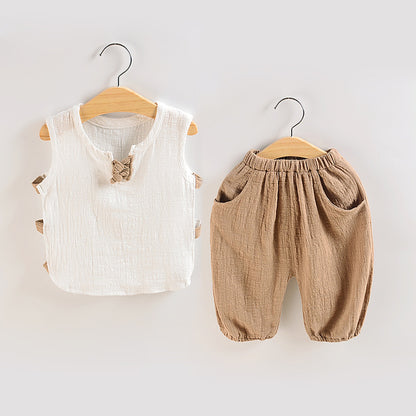 Tang Dynasty Baby Outfit - Organic Cotton Sleeveless Vest & Shorts Set for Newborn Photography, First Birthday Photo Shoot (0-3 Years)