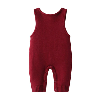 Baby Christmas Tree Overalls - Wine Red Knit Baby Jumpsuit with Double Buckle Warm Romper