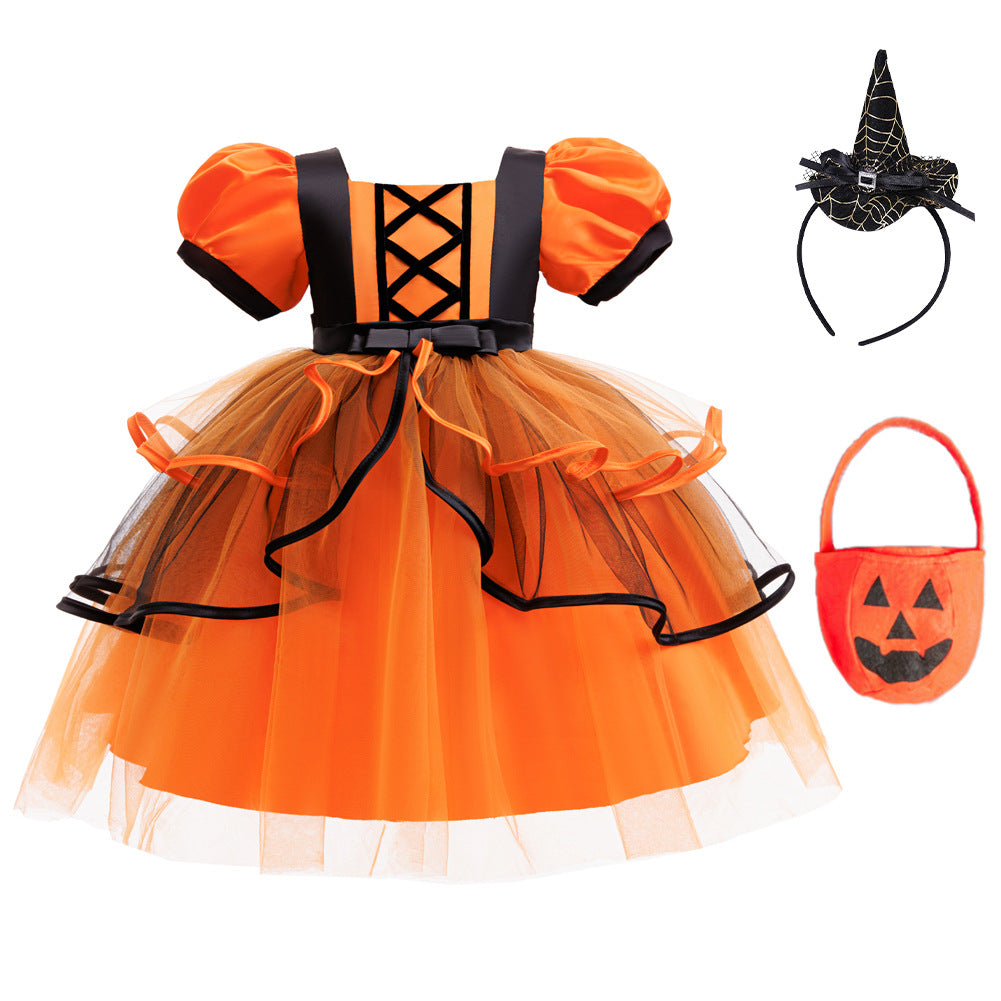 Girls Halloween Christmas Tutu Dress - Princess Party Gown with Hat & Pumpkin Bag Set