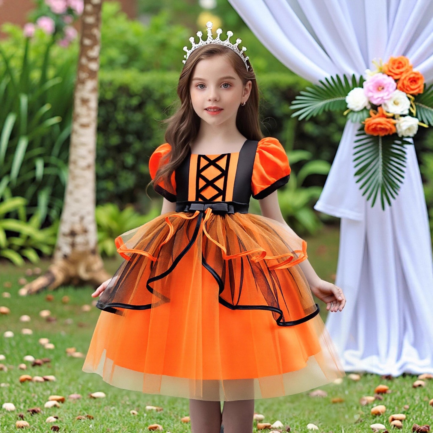 Girls Halloween Christmas Tutu Dress - Princess Party Gown with Hat & Pumpkin Bag Set