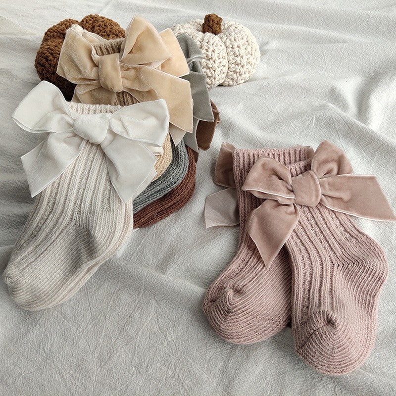 ins Children's Spanish Style Socks Autumn Winter New Large Bow Knitted Baby Socks Pure Color Mid-Calf Socks