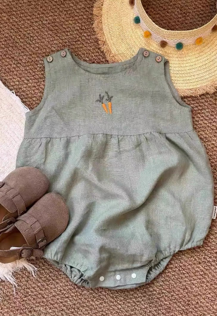 Organic Linen Baby Romper - Hand-Embroidered Sleeveless Onesie for Newborns & Infants | Breathable Summer Outfit (0-2 Years)