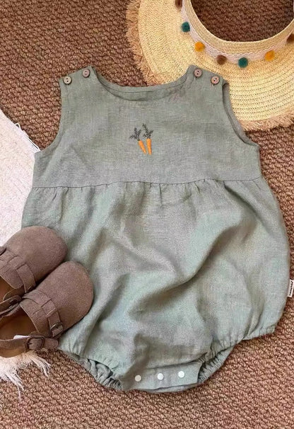 Organic Linen Baby Romper - Hand-Embroidered Sleeveless Onesie for Newborns & Infants | Breathable Summer Outfit (0-2 Years)