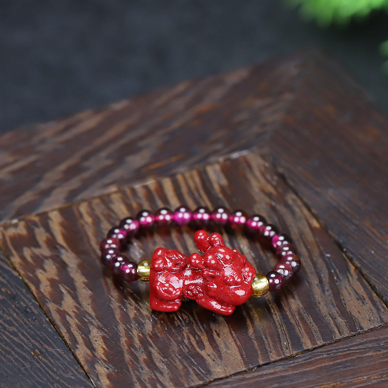 Pi Xiu Wealth Guardian Ring - Handmade Garnet & Cinnabar Adjustable Tail Ring with Purple Sand Stone (8 Styles Available)