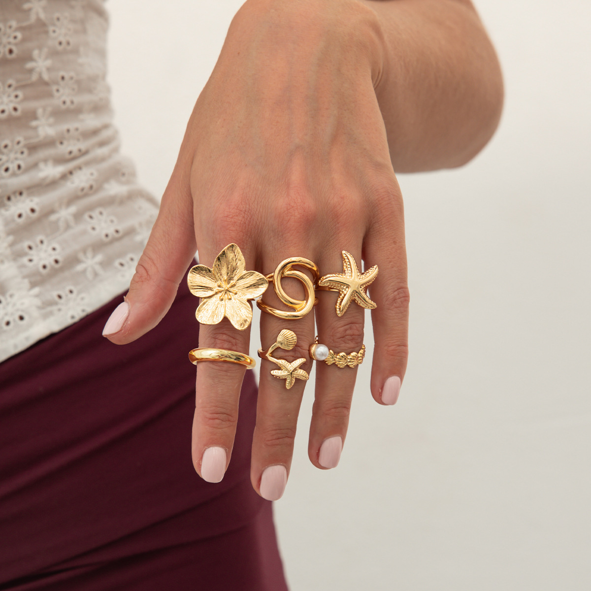 Beach-Inspired Ocean Shell & Flower Adjustable Ring Set for Women