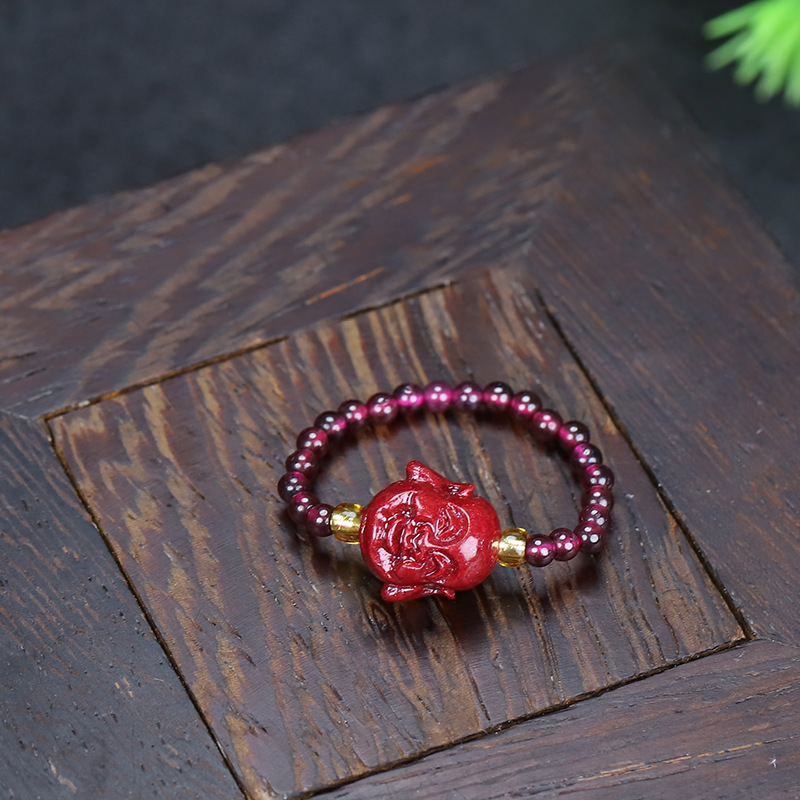 Pi Xiu Wealth Guardian Ring - Handmade Garnet & Cinnabar Adjustable Tail Ring with Purple Sand Stone (8 Styles Available)