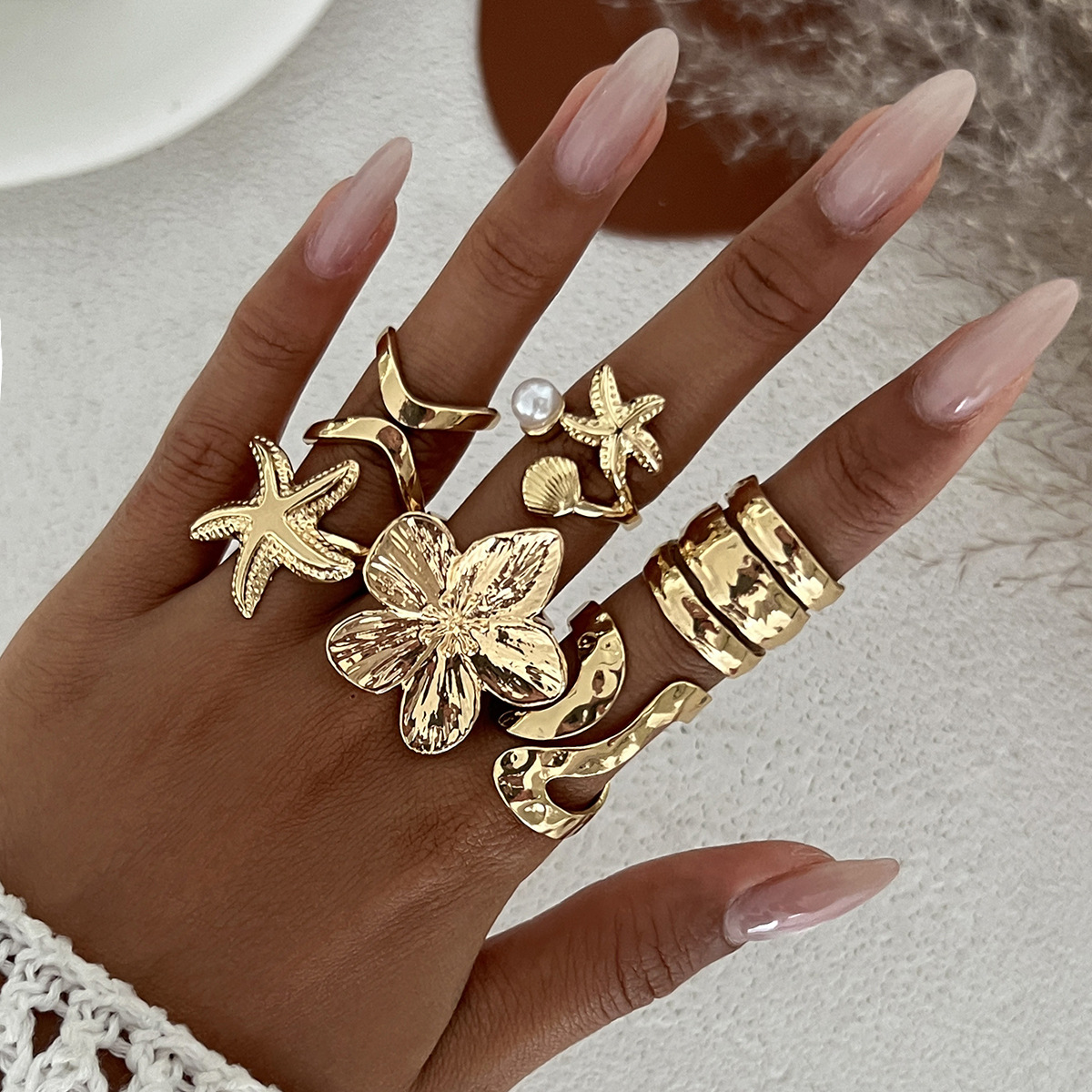 Beach-Inspired Ocean Shell & Flower Adjustable Ring Set for Women