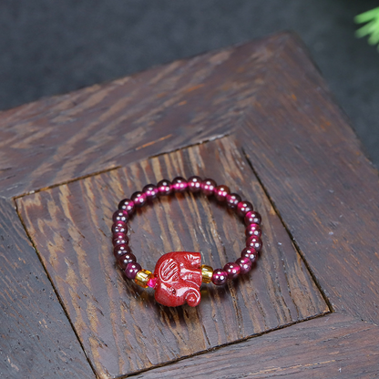 Pi Xiu Wealth Guardian Ring - Handmade Garnet & Cinnabar Adjustable Tail Ring with Purple Sand Stone (8 Styles Available)