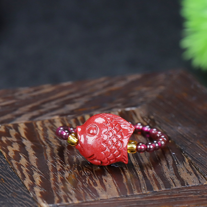 Pi Xiu Wealth Guardian Ring - Handmade Garnet & Cinnabar Adjustable Tail Ring with Purple Sand Stone (8 Styles Available)