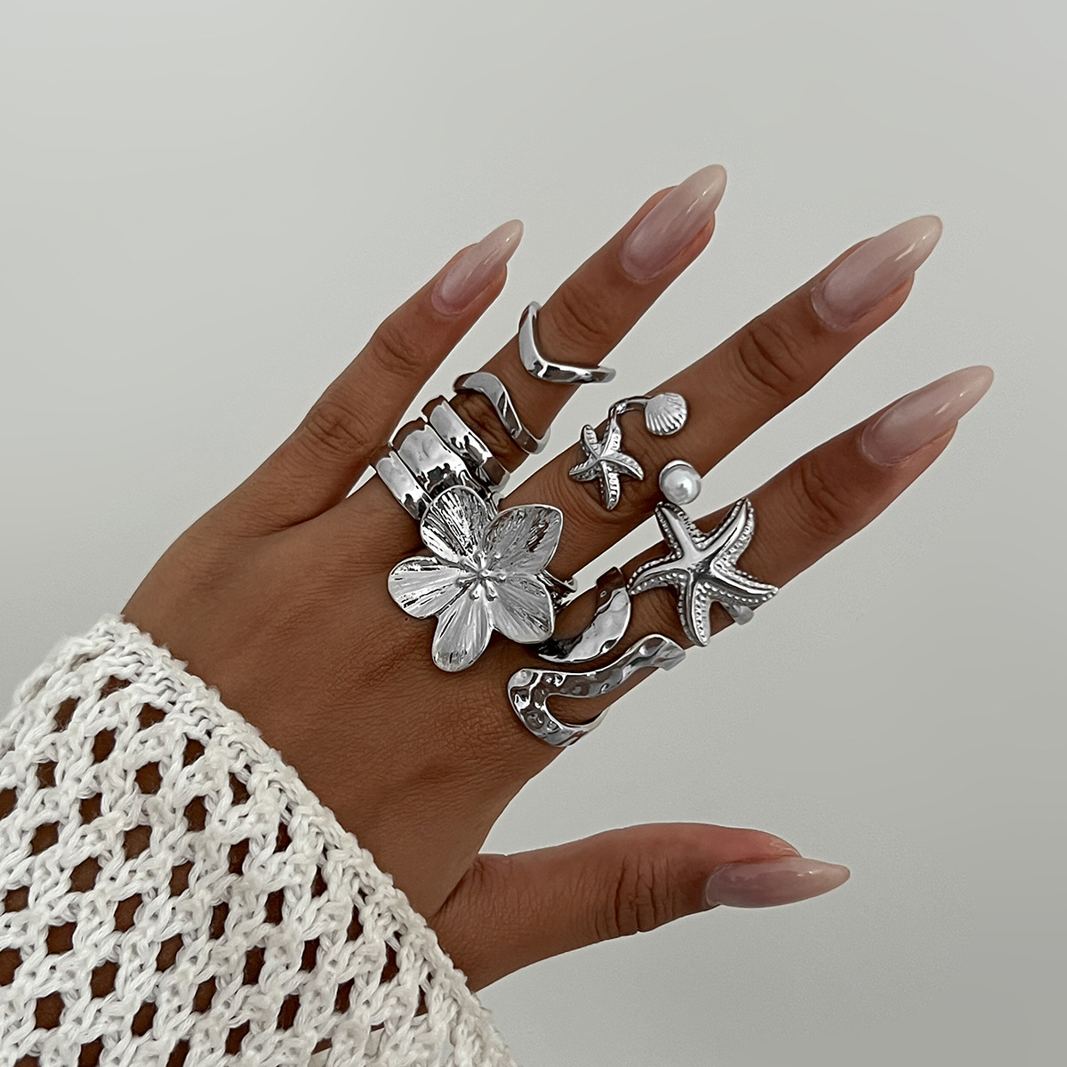 Beach-Inspired Ocean Shell & Flower Adjustable Ring Set for Women