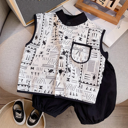 Tang Dynasty Baby Outfit - Organic Cotton Sleeveless Vest & Shorts Set for Newborn Photography, First Birthday Photo Shoot (0-3 Years)